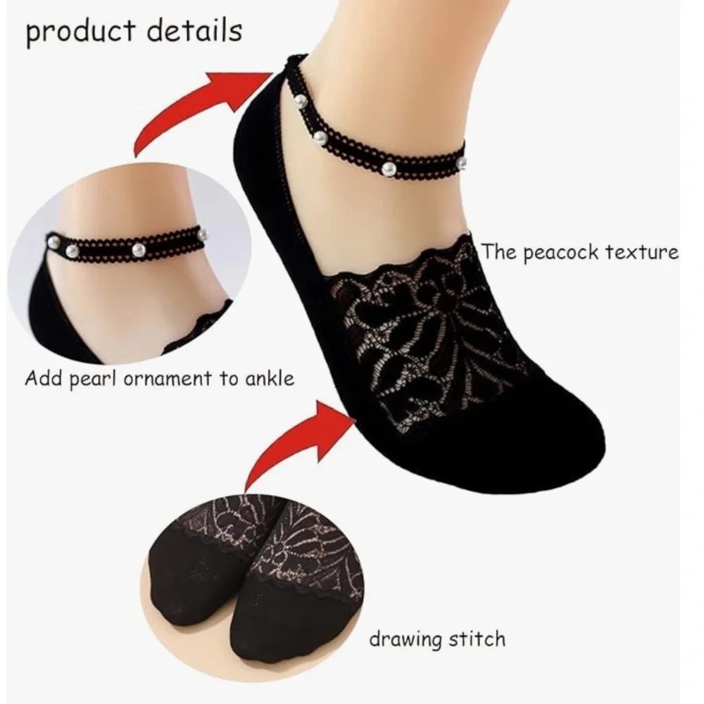 Pearl Lace Black No Show Socks Cotton Four Pair Ankle Strap White Pearl Accents